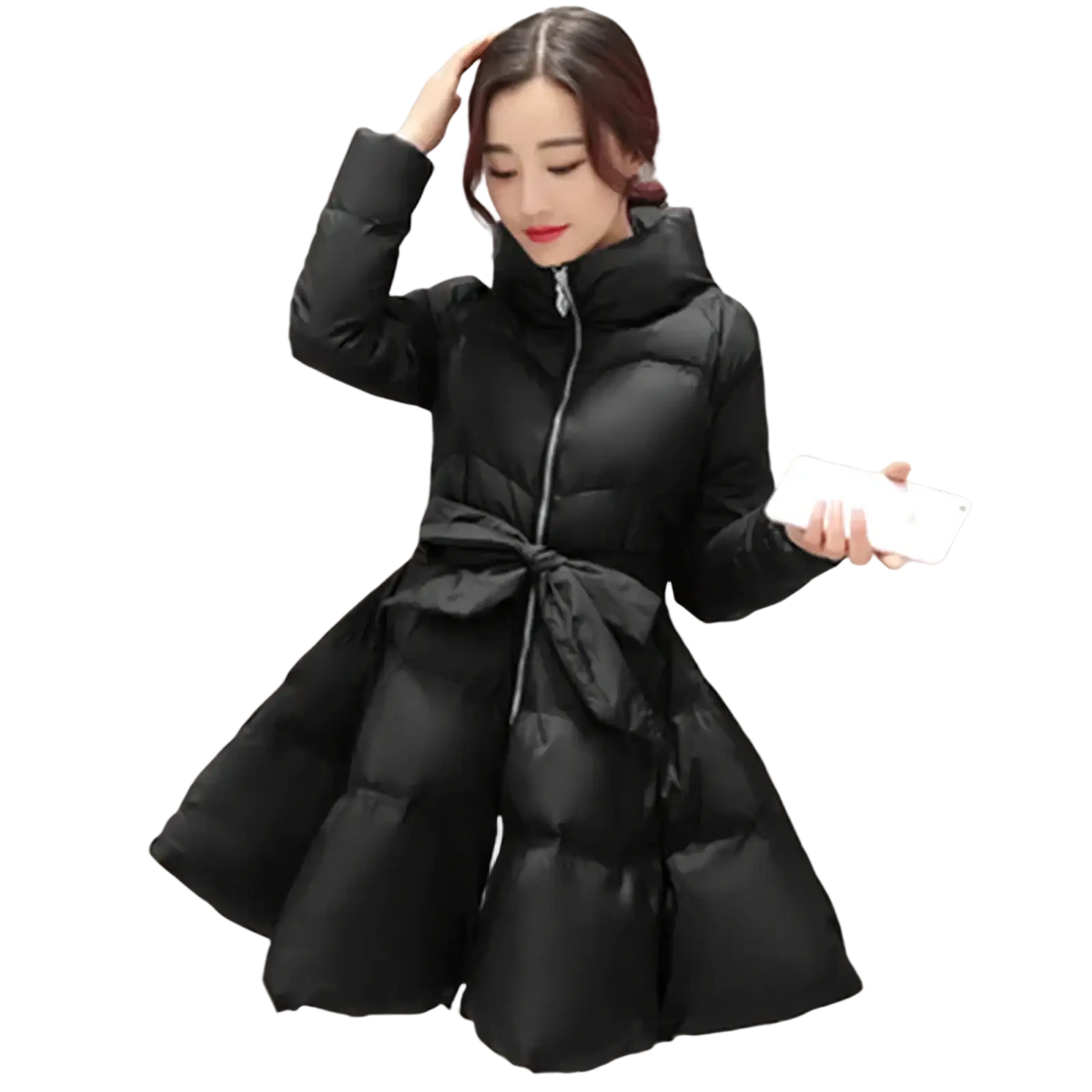 Black women belted winter puffer parka jacket with hood cinched at the waist by matching fabric tie