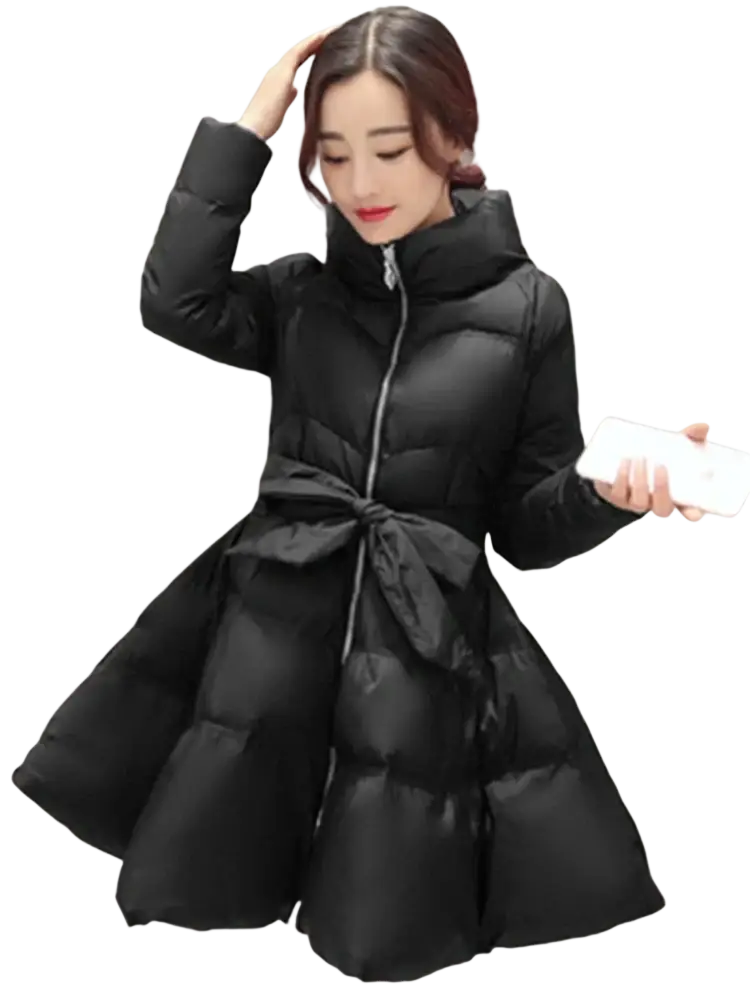 Women belted winter puffer parka jacket in black with quilted design hood and matching waist belt tied in a bow