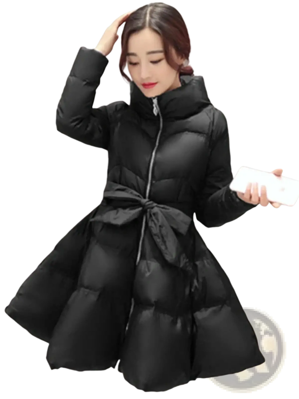 Women belted winter puffer parka jacket in black with quilted design hood and matching waist belt tied in a bow