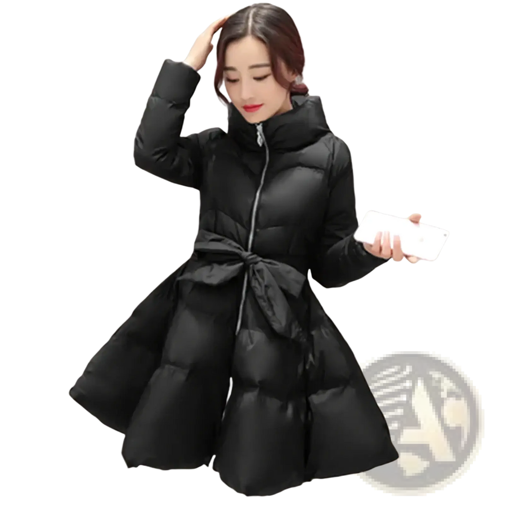 Black women belted winter puffer parka jacket with hood cinched at the waist by matching fabric tie