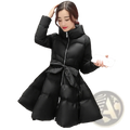 Black women belted winter puffer parka jacket with hood cinched at the waist by matching fabric tie