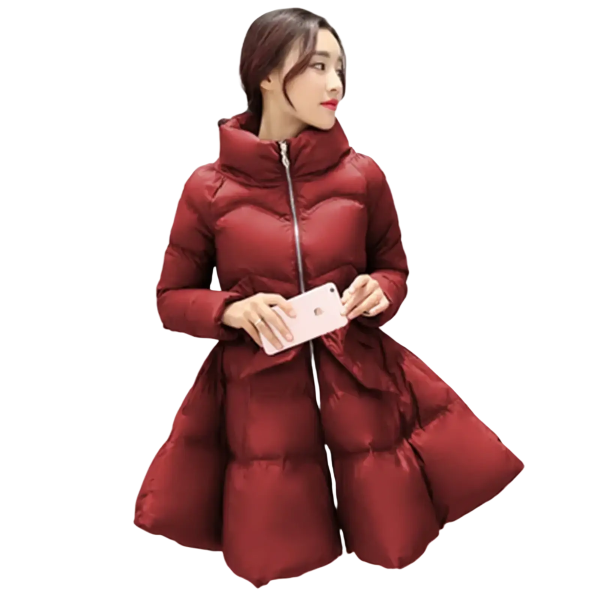 A plush wine-red belted winter puffer parka jacket with high collar and quilted design for women