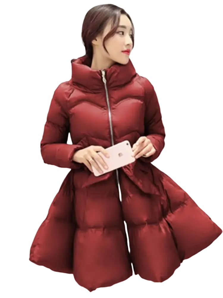 Women belted winter puffer parka jacket in plush wine red quilted fabric with high collar and flared skirt for cold weather