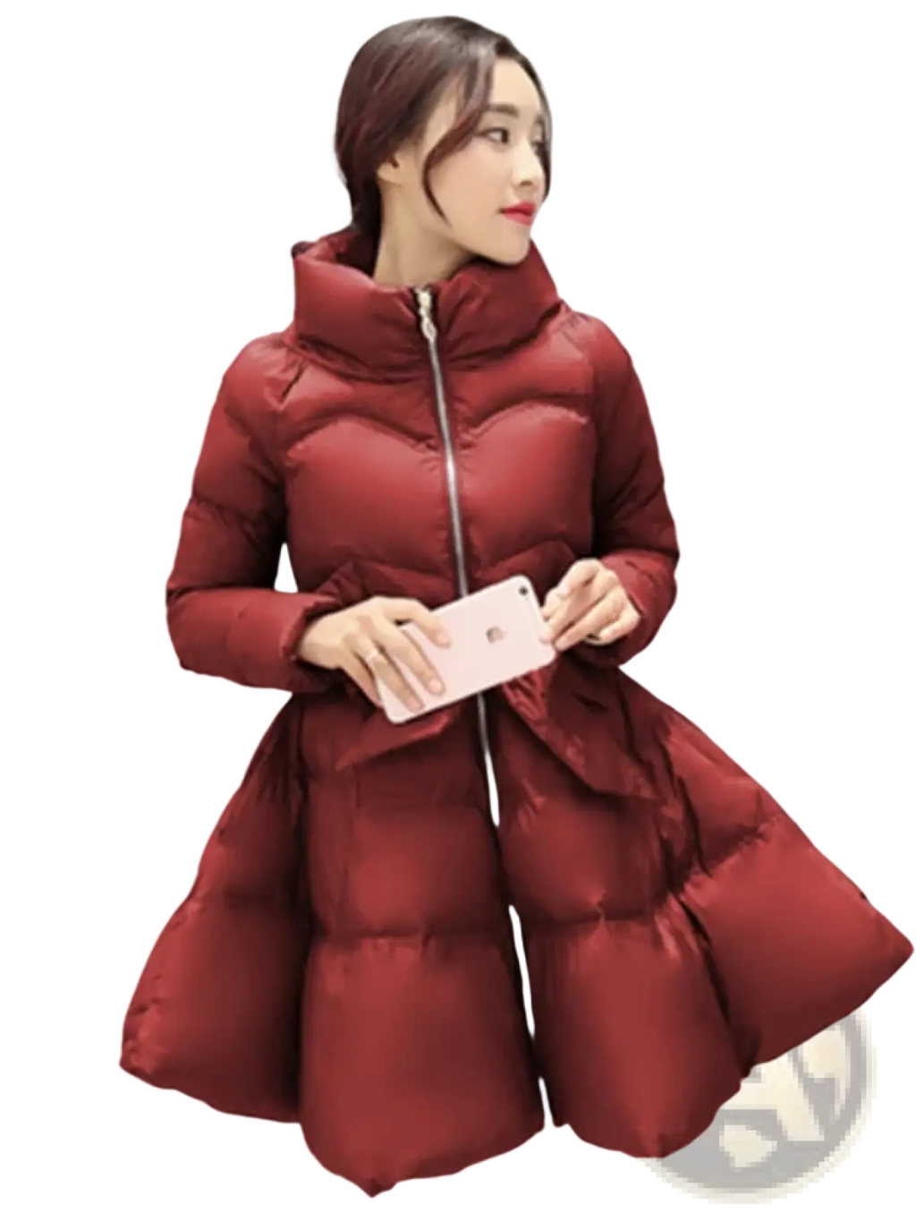 Women belted winter puffer parka jacket in plush wine red quilted fabric with high collar and flared skirt for cold weather