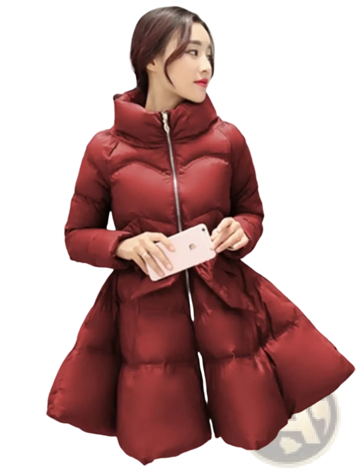 Women belted winter puffer parka jacket in plush wine red quilted fabric with high collar and flared skirt for cold weather