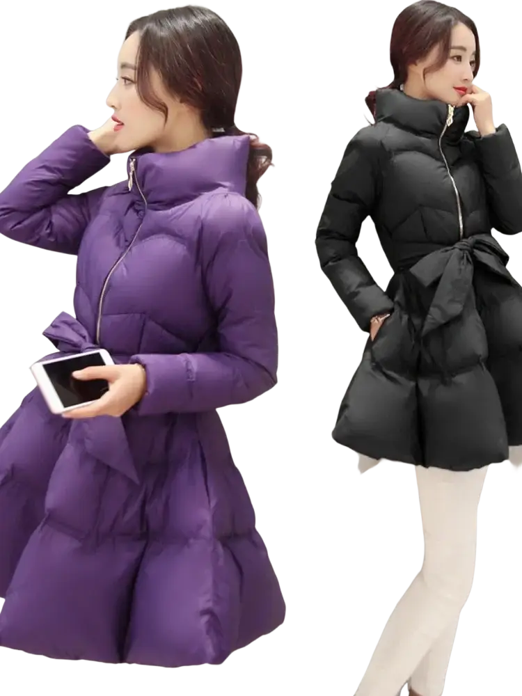 Women belted winter puffer parka jackets in purple and black with quilted design high collars and matching belt ties