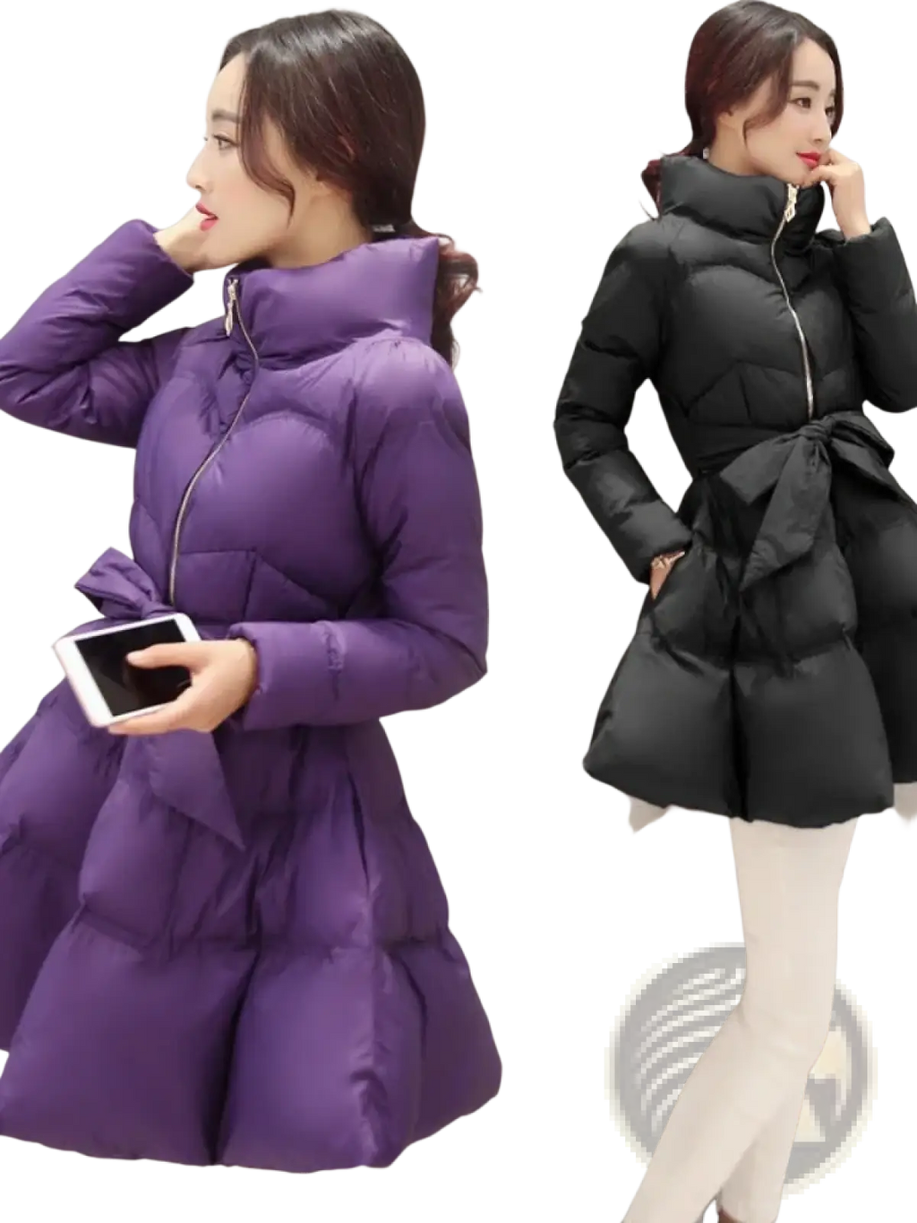 Women belted winter puffer parka jackets in purple and black with quilted design high collars and matching belt ties