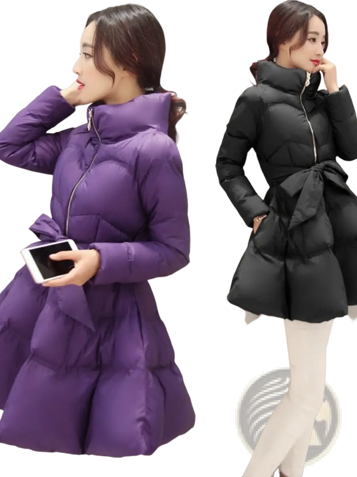 Women belted winter puffer parka jackets in purple and black with quilted design high collars and matching belt ties