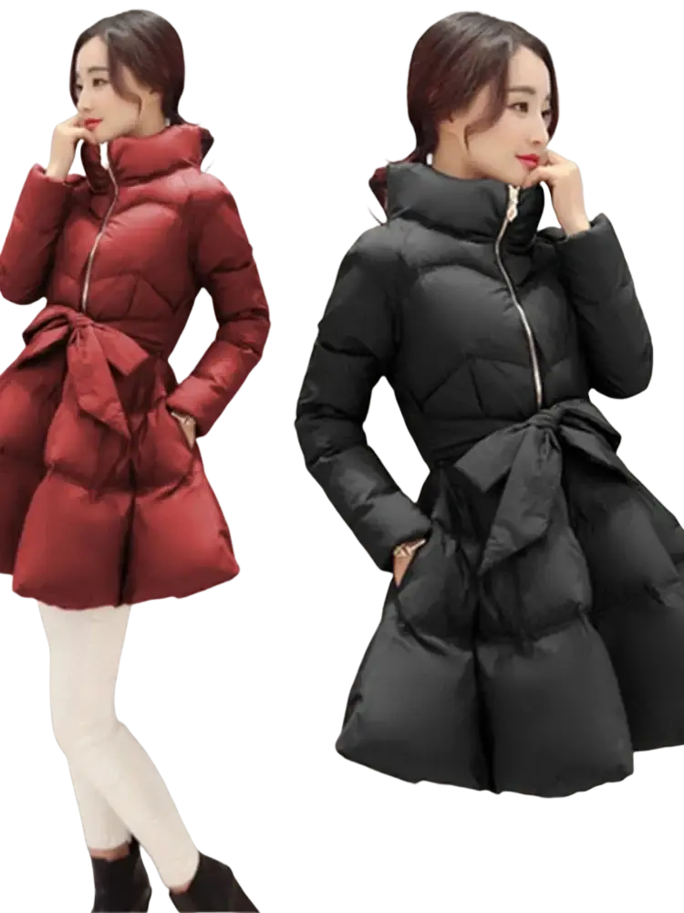 A stylish women belted winter puffer parka jacket with quilted design high collar and matching waist belt