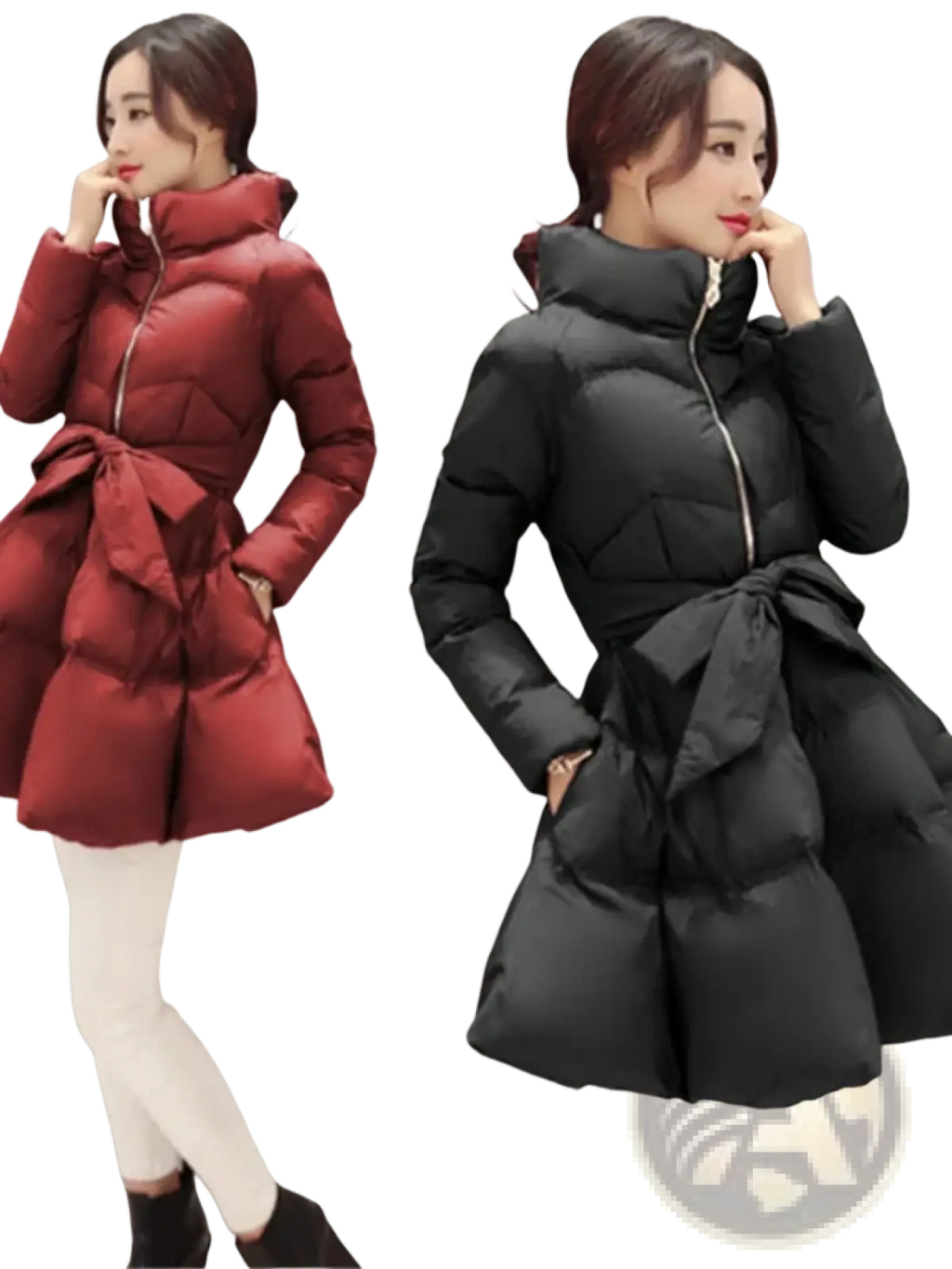 A stylish women belted winter puffer parka jacket with quilted design high collar and matching waist belt