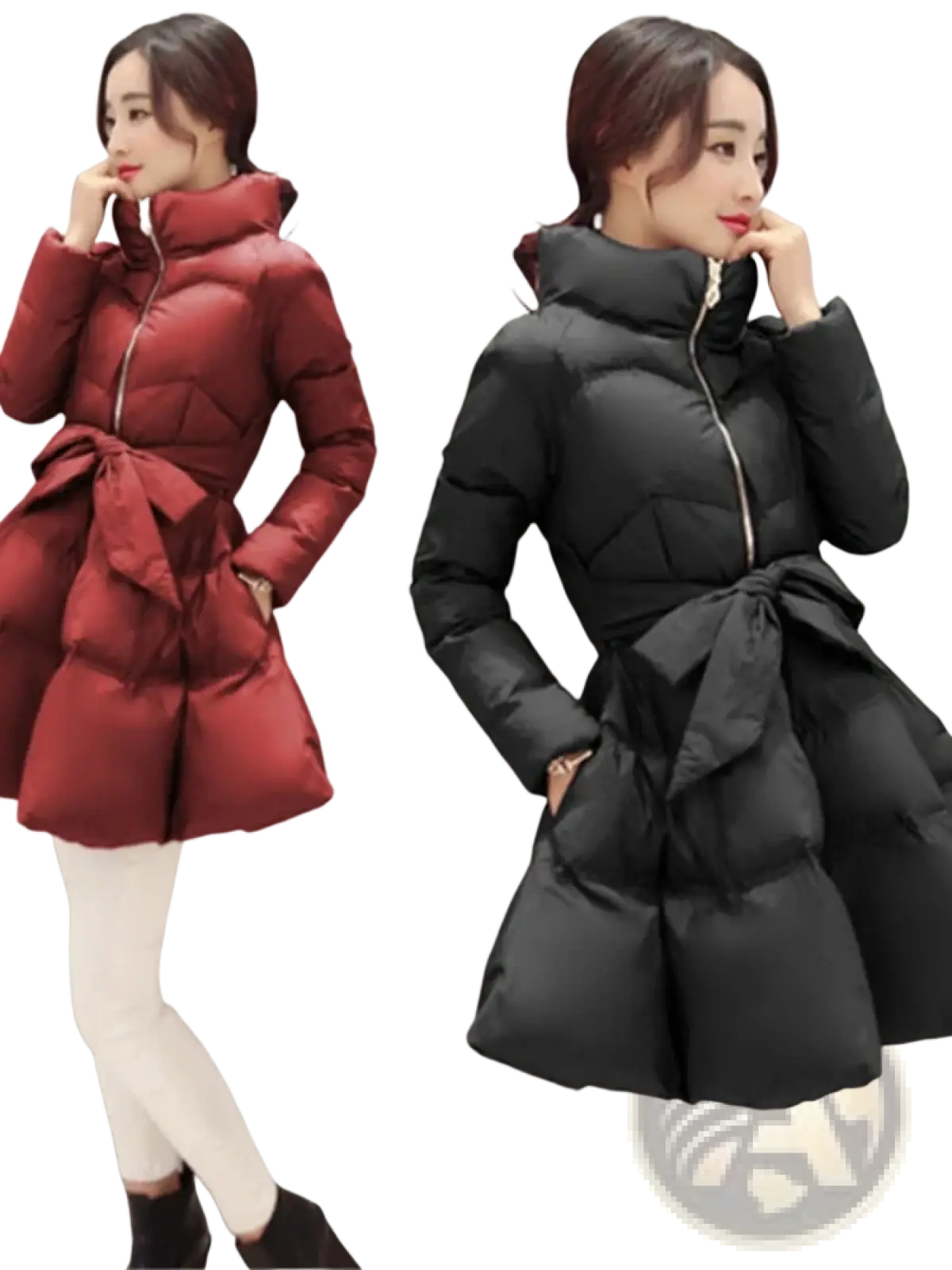 A stylish women belted winter puffer parka jacket with quilted design high collar and matching waist belt