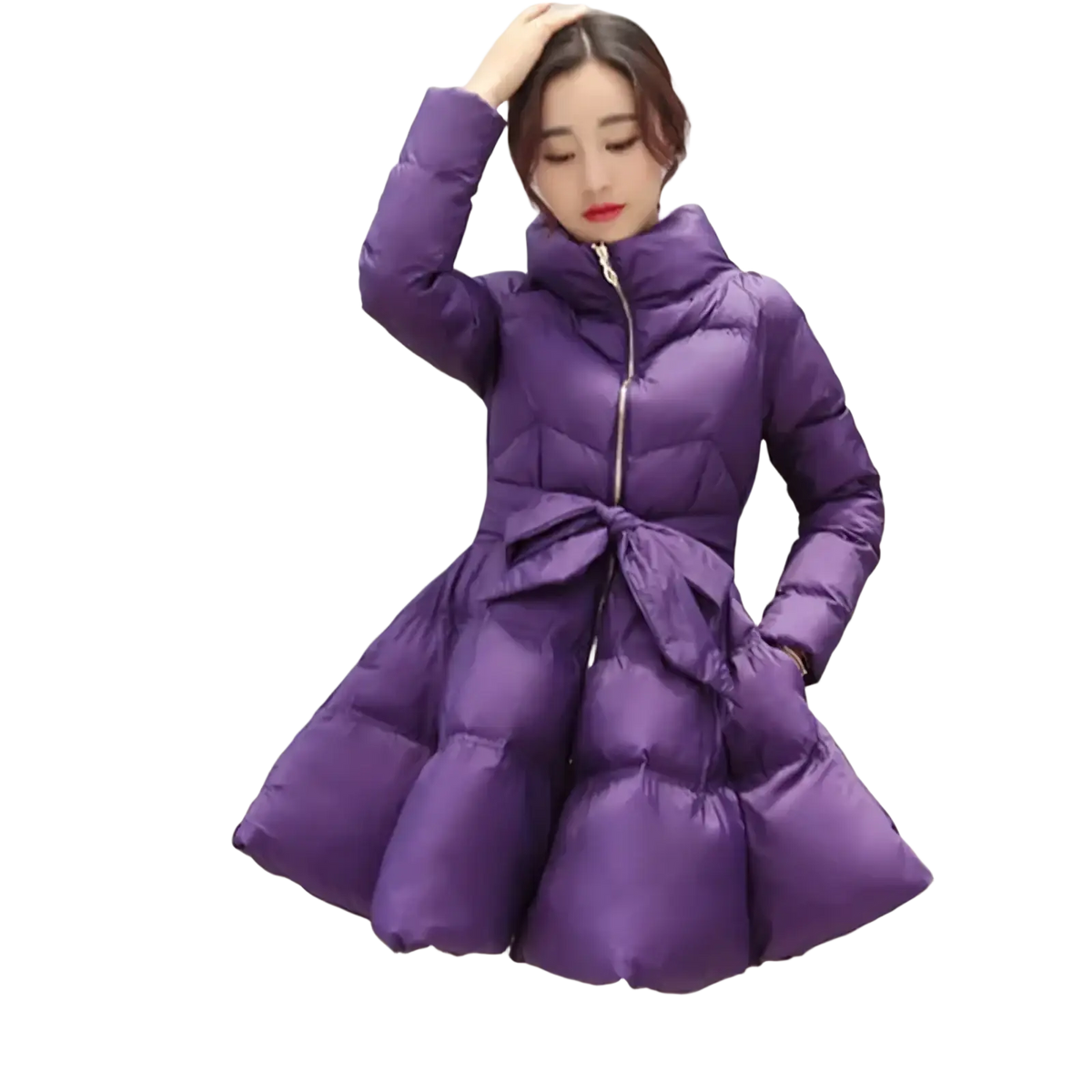 Women belted winter puffer parka jacket in vibrant purple quilted material with high collar and waist tie belt