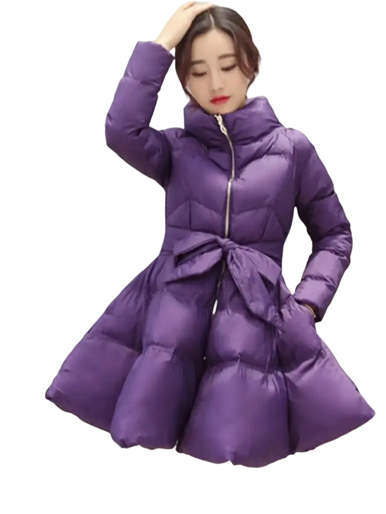 Vibrant purple quilted puffer coat with high collar front zipper and belt tied at waist for women winter parka jacket