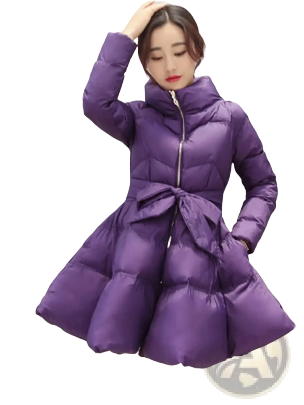 Vibrant purple quilted puffer coat with high collar front zipper and belt tied at waist for women winter parka jacket