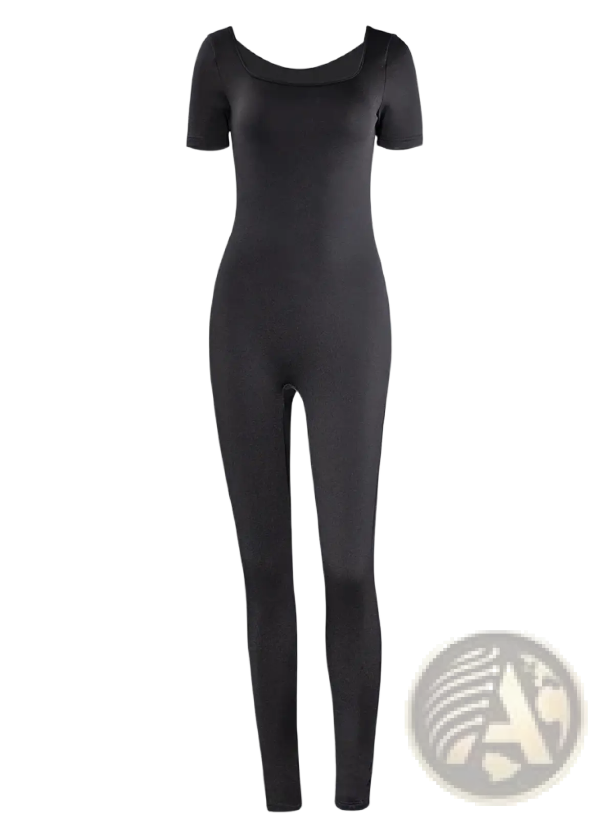 Women black bodycon jumpsuit with short sleeves and square neckline featuring a form-fitting silhouette