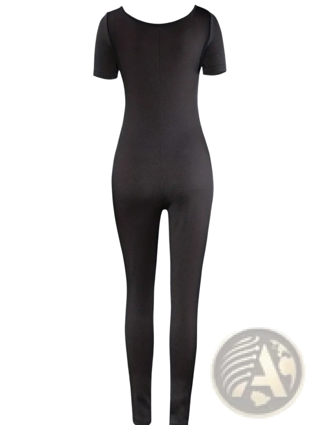 Women black bodycon jumpsuit with short sleeves rounded neckline and seamless form-fitting design