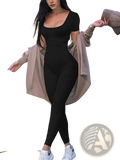 Women black bodycon jumpsuit short sleeve with square neckline and cutout sides in fitted stretchy fabric