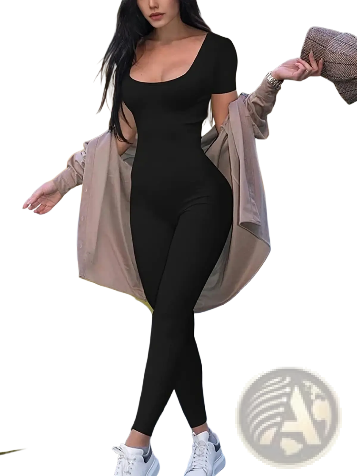 Women black bodycon jumpsuit short sleeve with square neckline and cutout sides in fitted stretchy fabric
