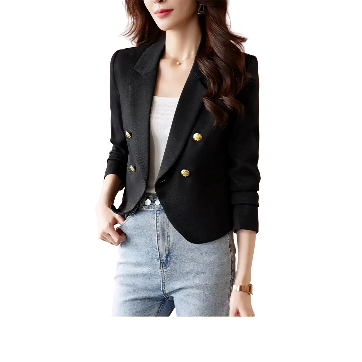 Women black double breasted blazer with gold buttons and tailored fit suitable for formal and professional wear