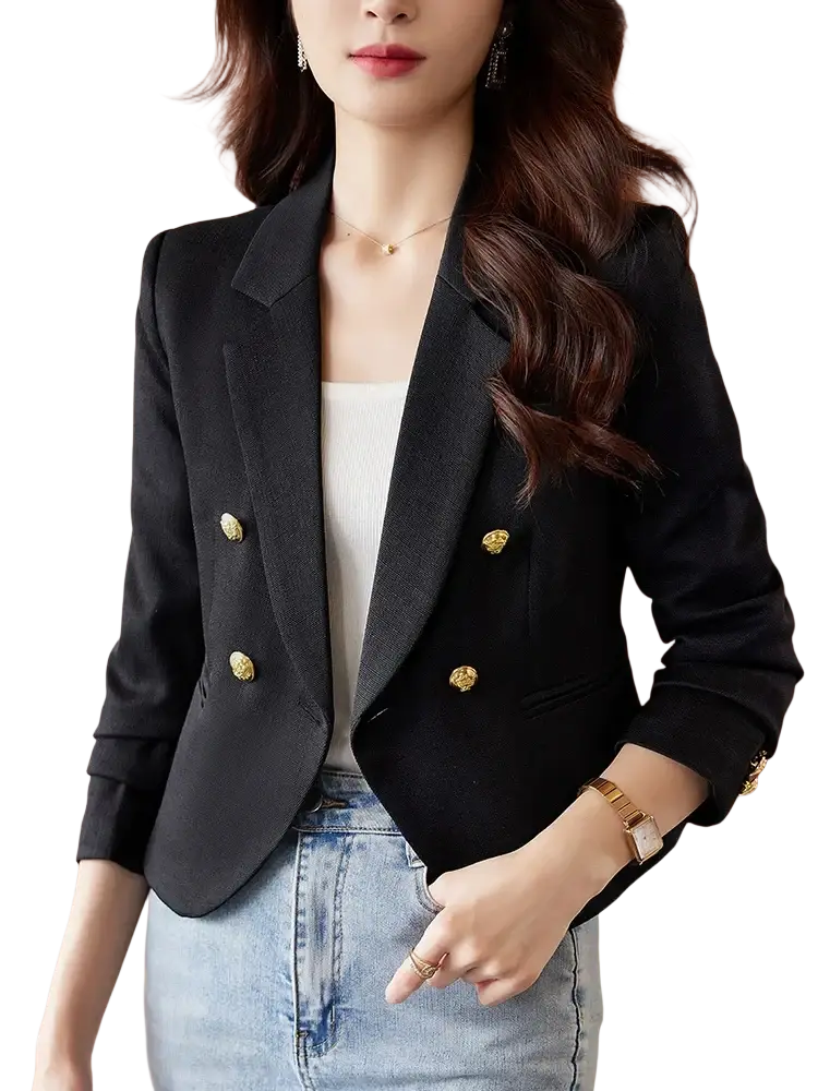 Women black double breasted blazer featuring gold toned decorative buttons for formal and professional wear
