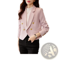Women soft pink double-breasted tailored blazer with gold-toned buttons for formal and professional wear