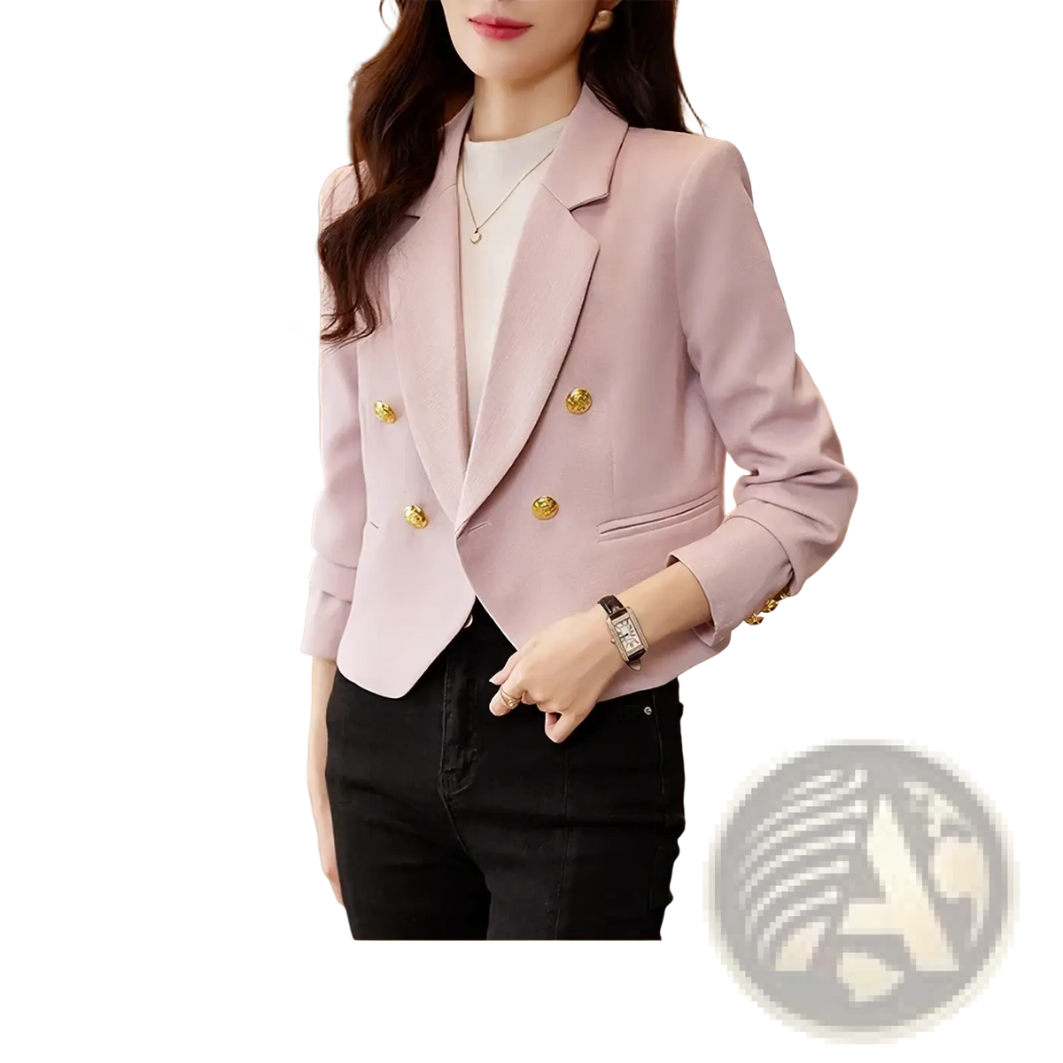 Women soft pink double-breasted tailored blazer with gold-toned buttons for formal and professional wear
