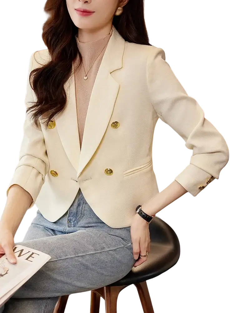 Cream-colored double-breasted blazer with gold-toned buttons and rolled-up sleeves for women black blazer collection
