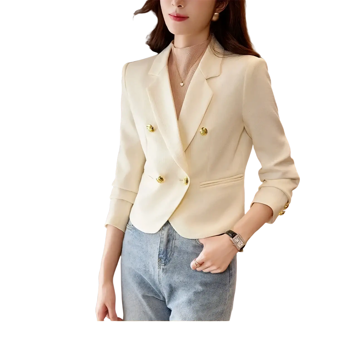 Women cream-colored double-breasted blazer with gold-toned buttons and rolled cuffs for formal wear