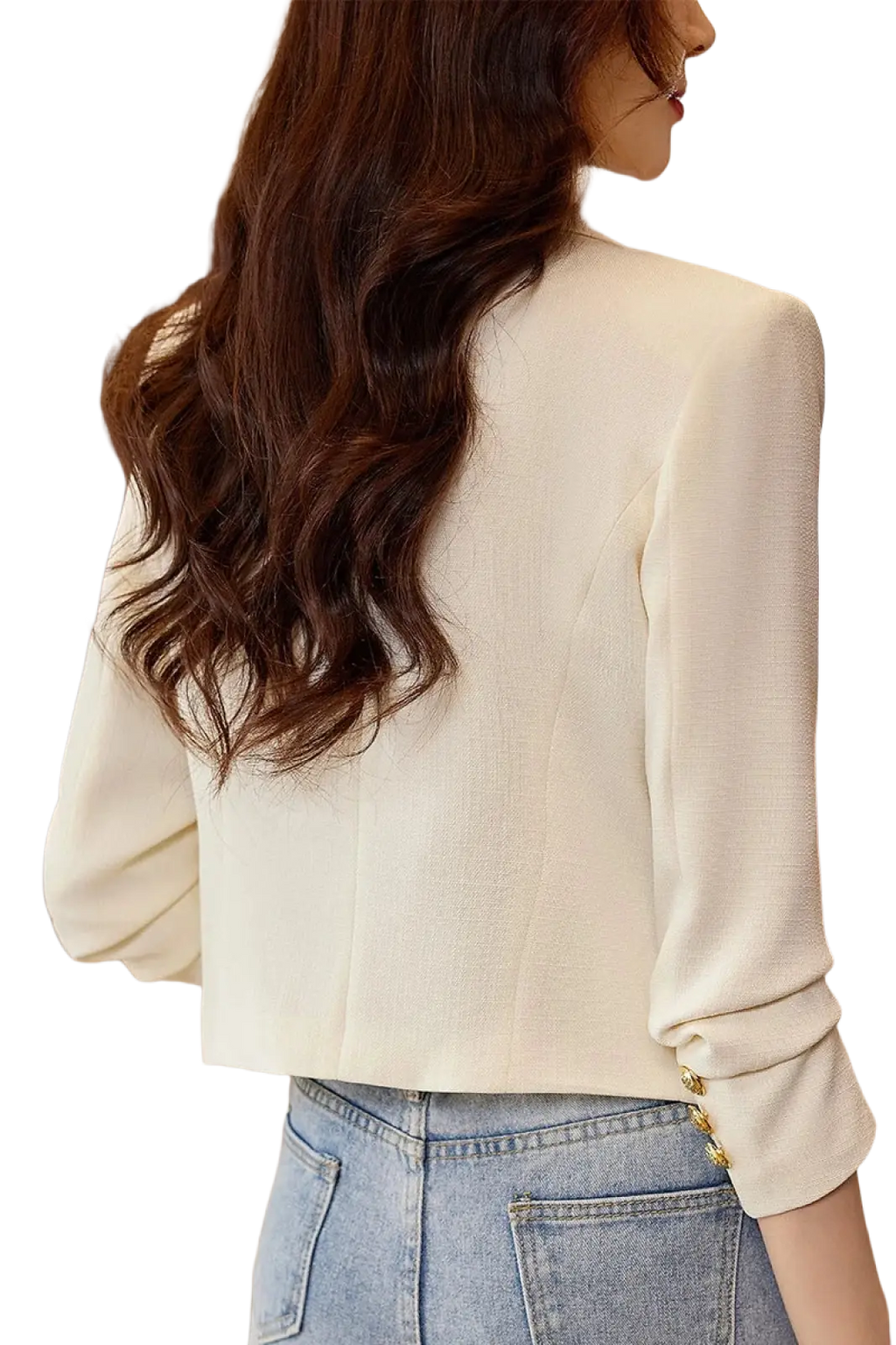 Cream-colored textured blazer with gold toned button details on cuffs for women black double breasted blazer
