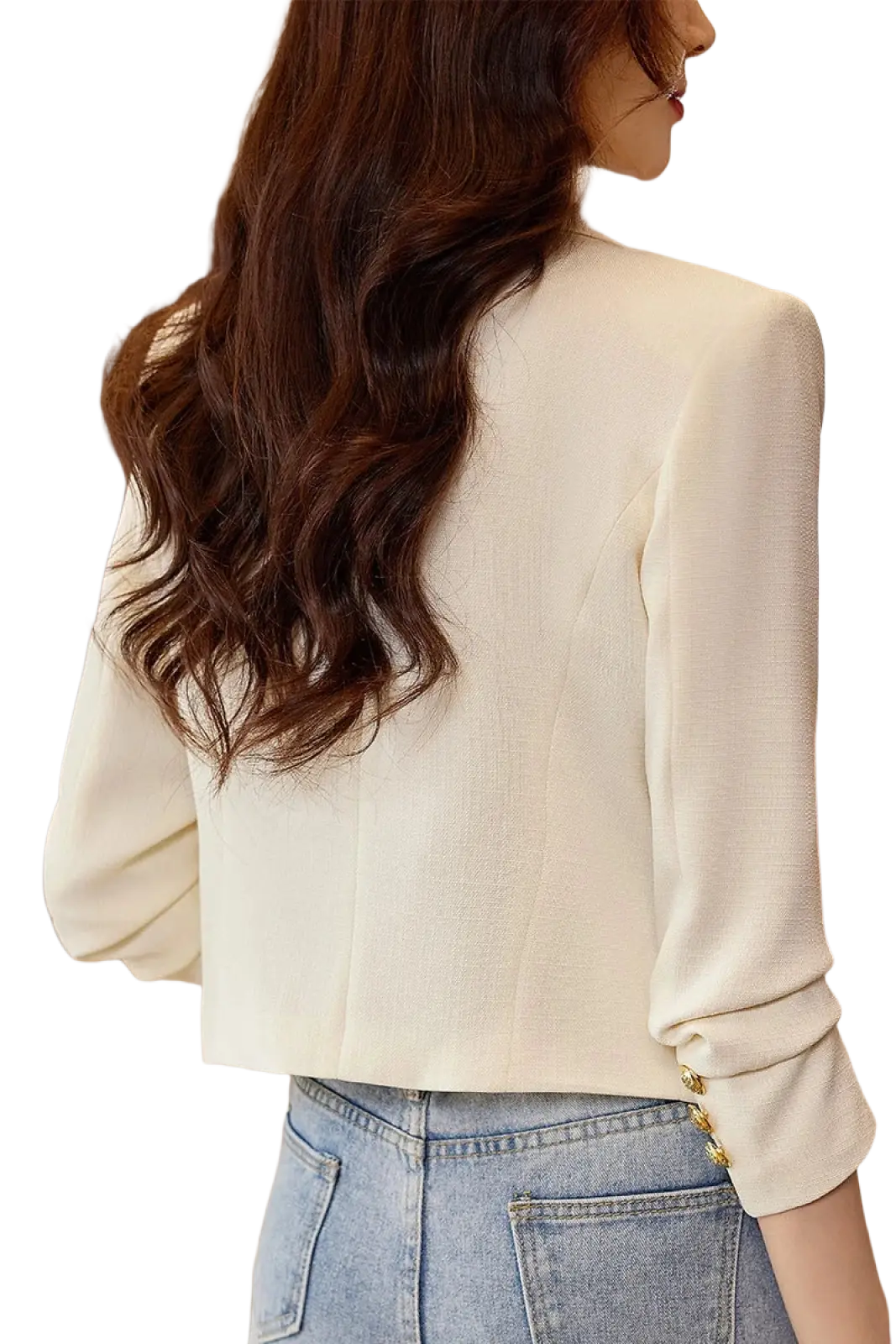 Cream-colored textured blazer with gold toned button details on cuffs for women black double breasted blazer