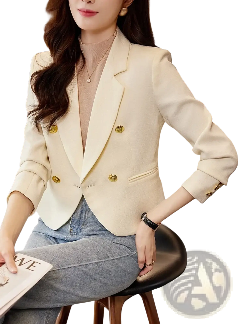 Cream-colored double-breasted blazer with gold-toned buttons and rolled-up sleeves for women black blazer collection