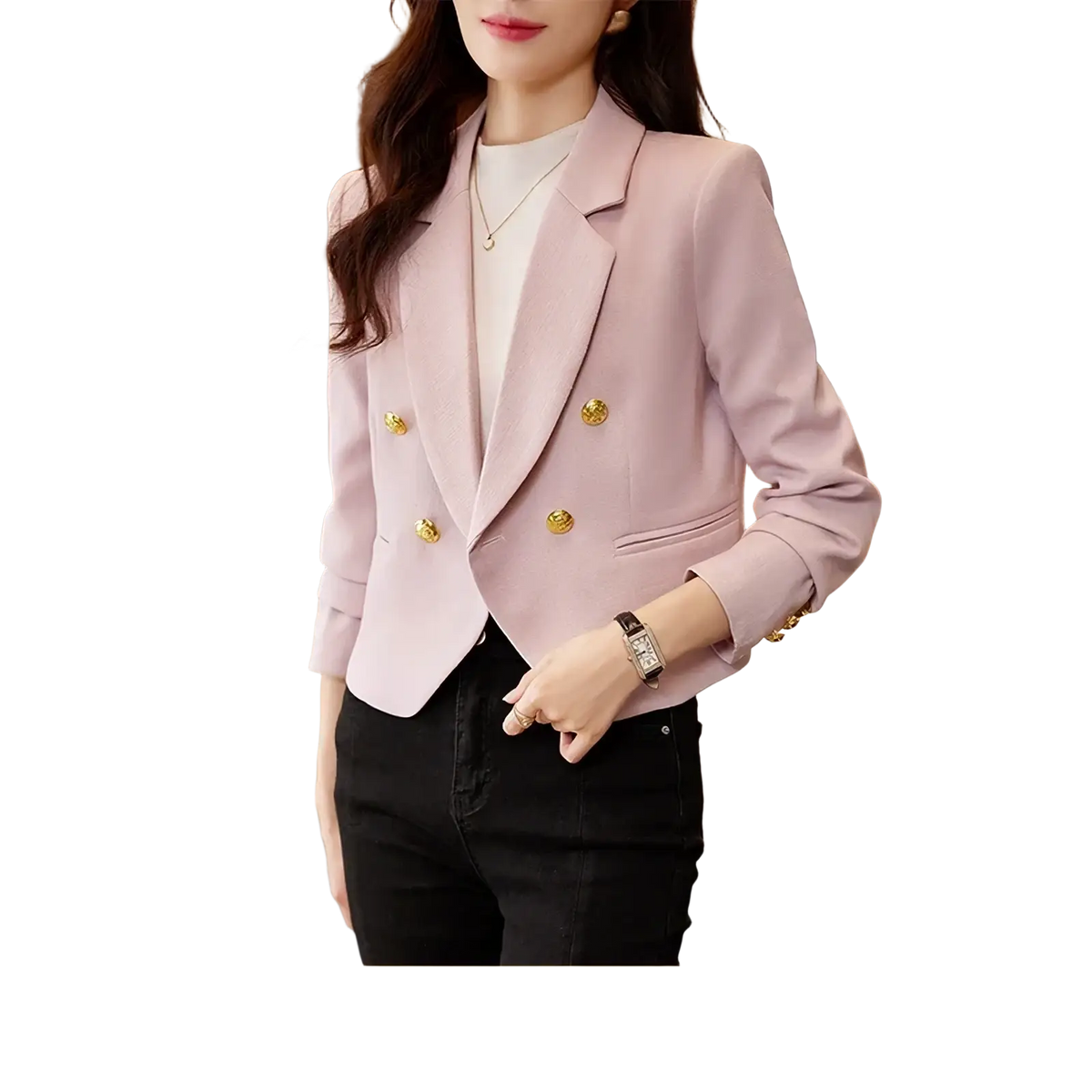 Women soft pink double-breasted tailored blazer with gold-toned buttons for formal and professional wear