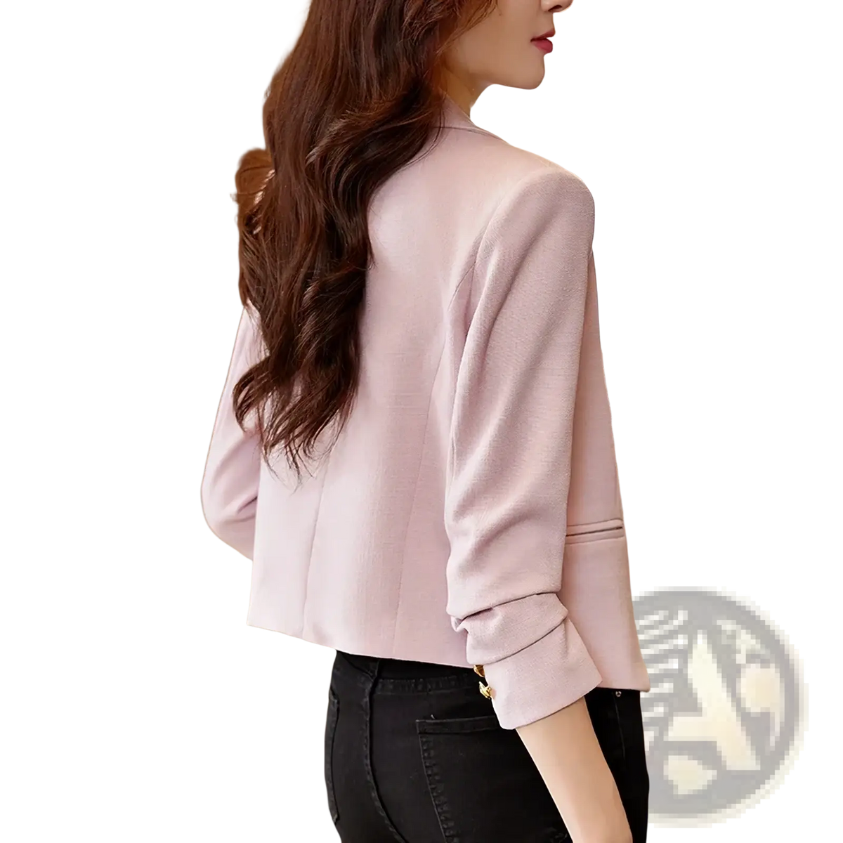 Women black double breasted blazer with gold buttons featuring soft pink textured fabric and rolled cuffs