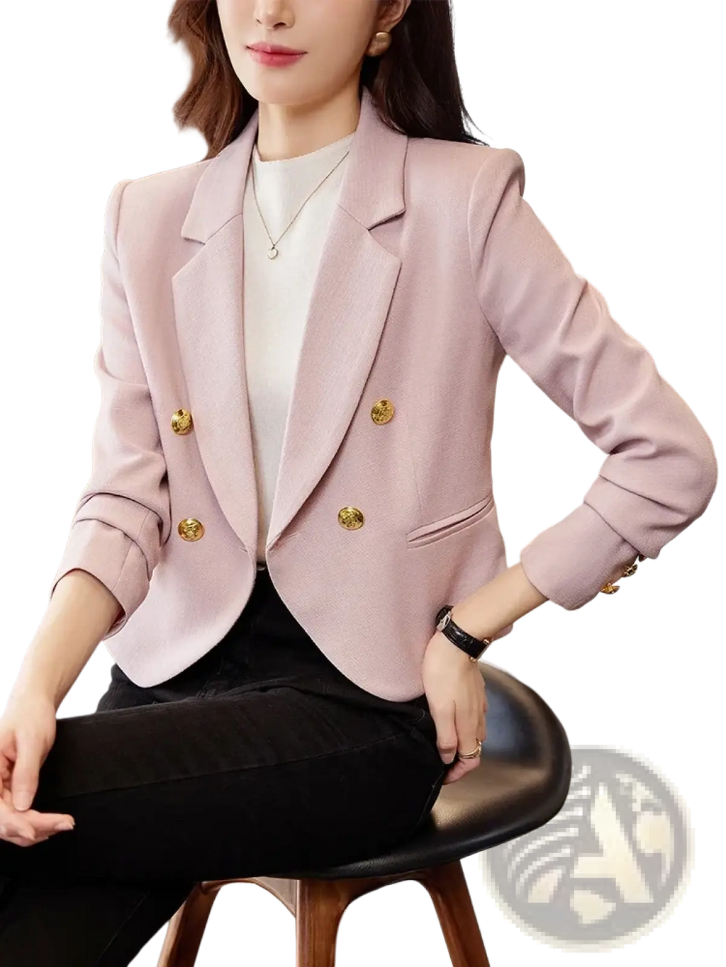 A soft pink double-breasted tailored blazer with gold-toned buttons for women in a formal fit