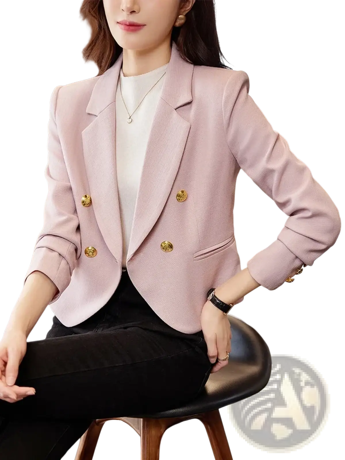 A soft pink double-breasted tailored blazer with gold-toned buttons for women in a formal fit