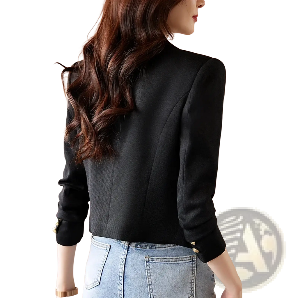 Black blazer with gold-toned button details on the cuffs.