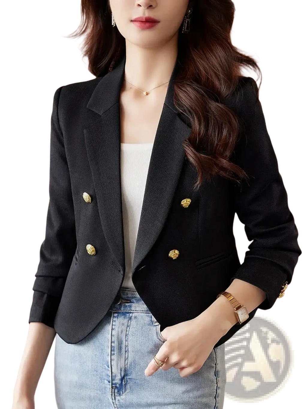 Women black double breasted blazer featuring gold toned decorative buttons for formal and professional wear