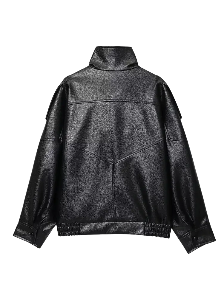 Women black faux leather moto jacket with high collar and elastic cuffs shown from the back side