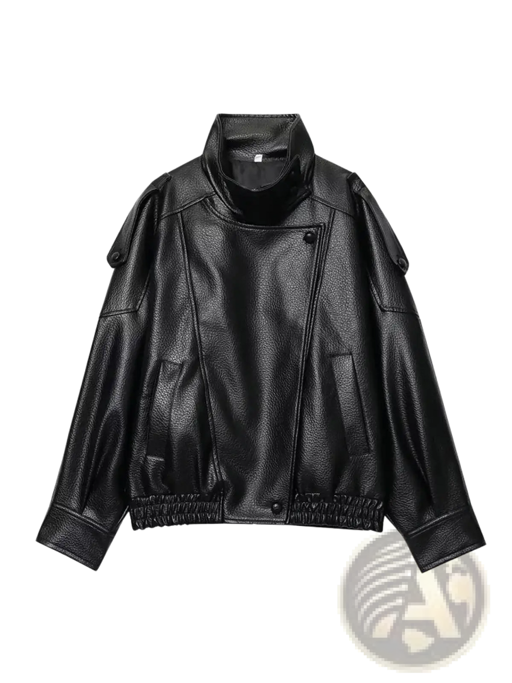 Women black faux leather moto jacket with high collar buttoned front and elasticated cuffs visible from front view
