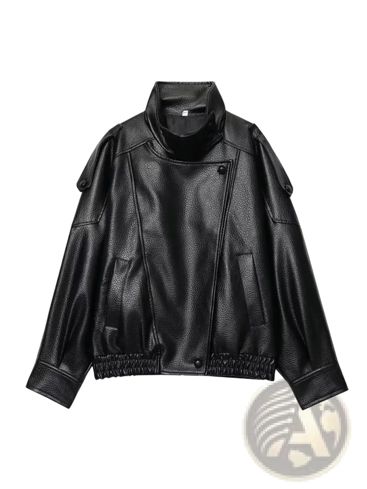 Women black faux leather moto jacket with high collar buttoned front and elasticated cuffs visible from front view