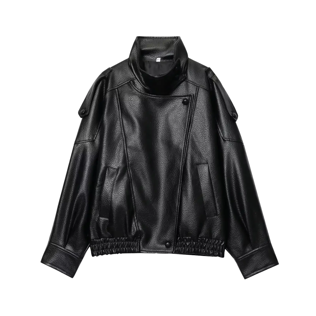 Women black faux leather moto jacket with high collar buttoned front and elasticated cuffs