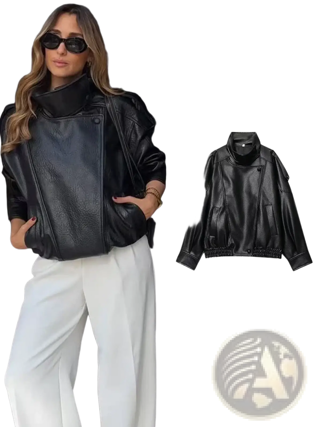 Women black faux leather moto jacket with high collar and elasticated cuffs for stylish outerwear