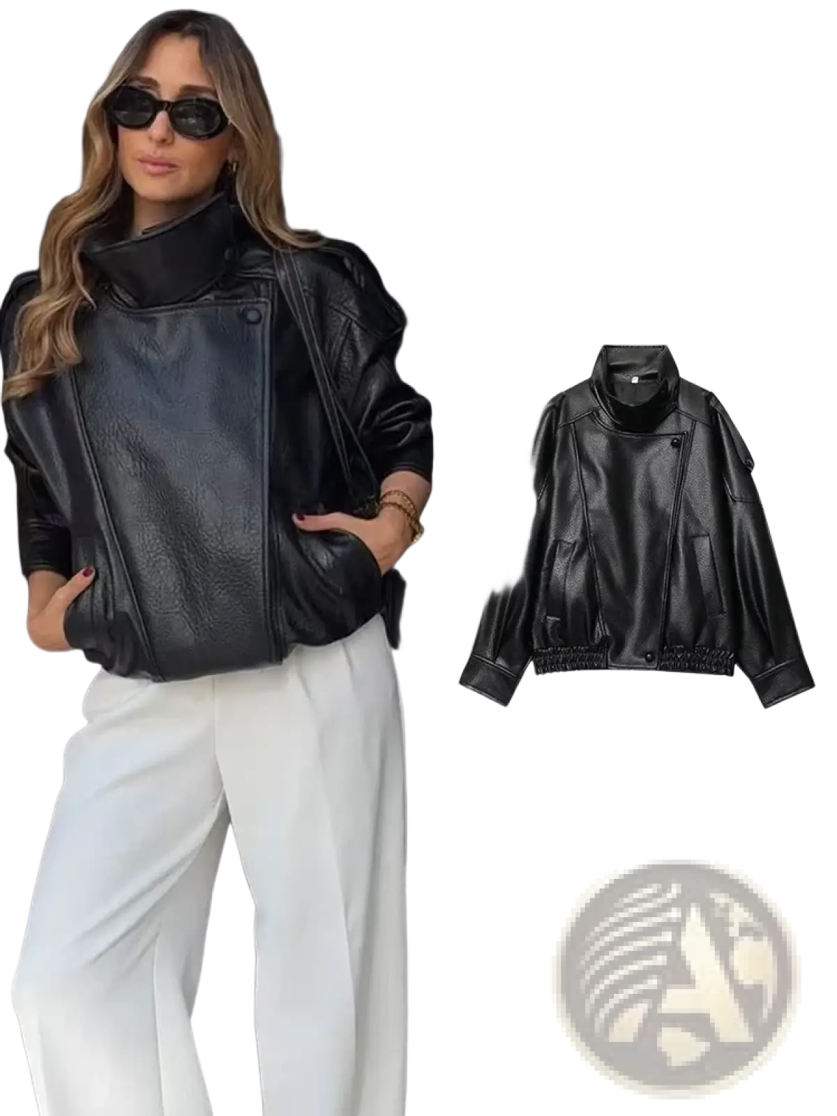 Women black faux leather moto jacket with high collar and elasticated cuffs for stylish outerwear