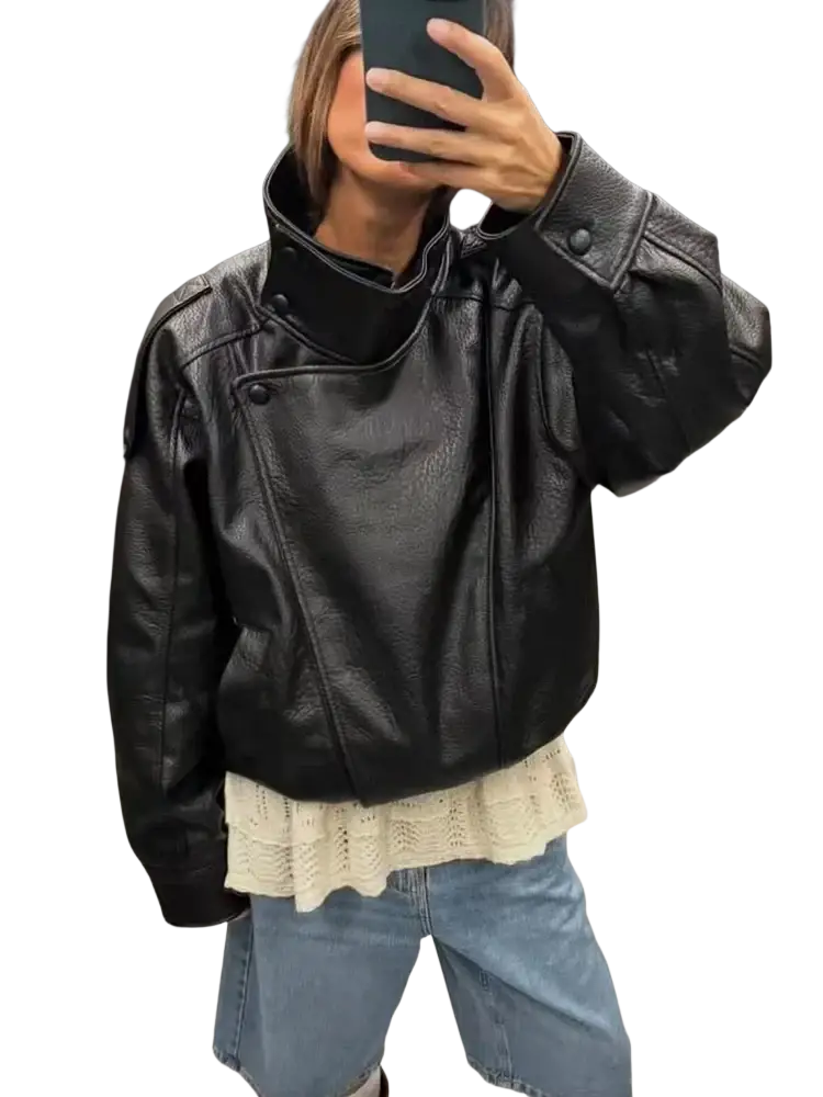 Women black faux leather moto jacket with high collar and buttoned front detail in black leather material