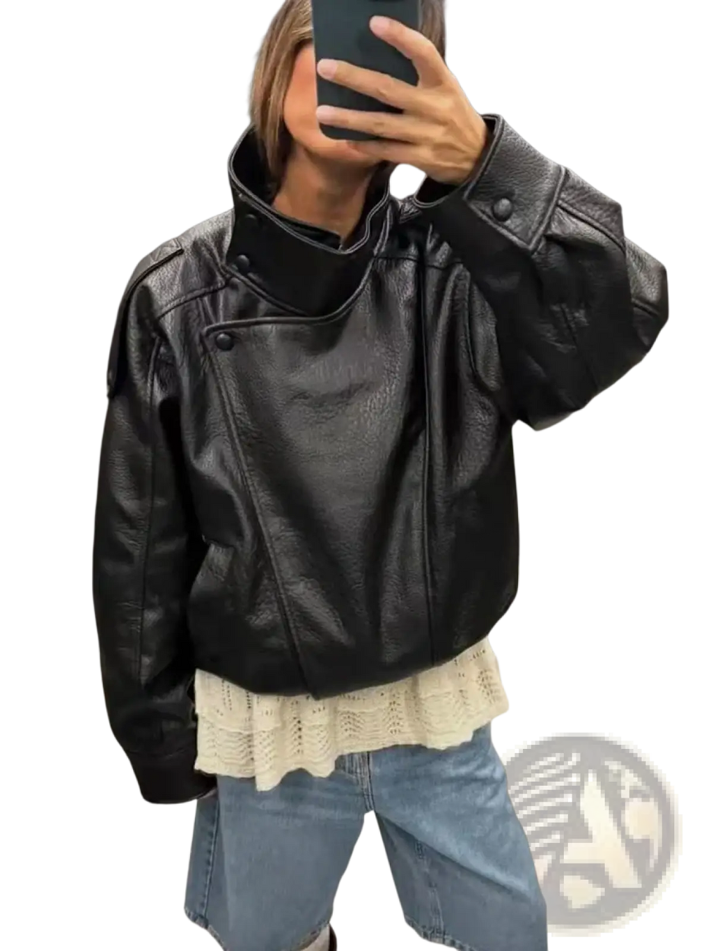 Women black faux leather moto jacket with high collar and buttoned front detail in black leather material
