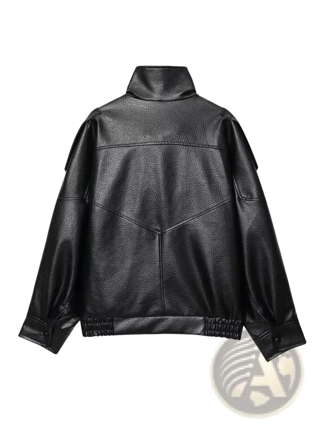 Women black faux leather moto jacket with high collar and elastic cuffs shown from the back side