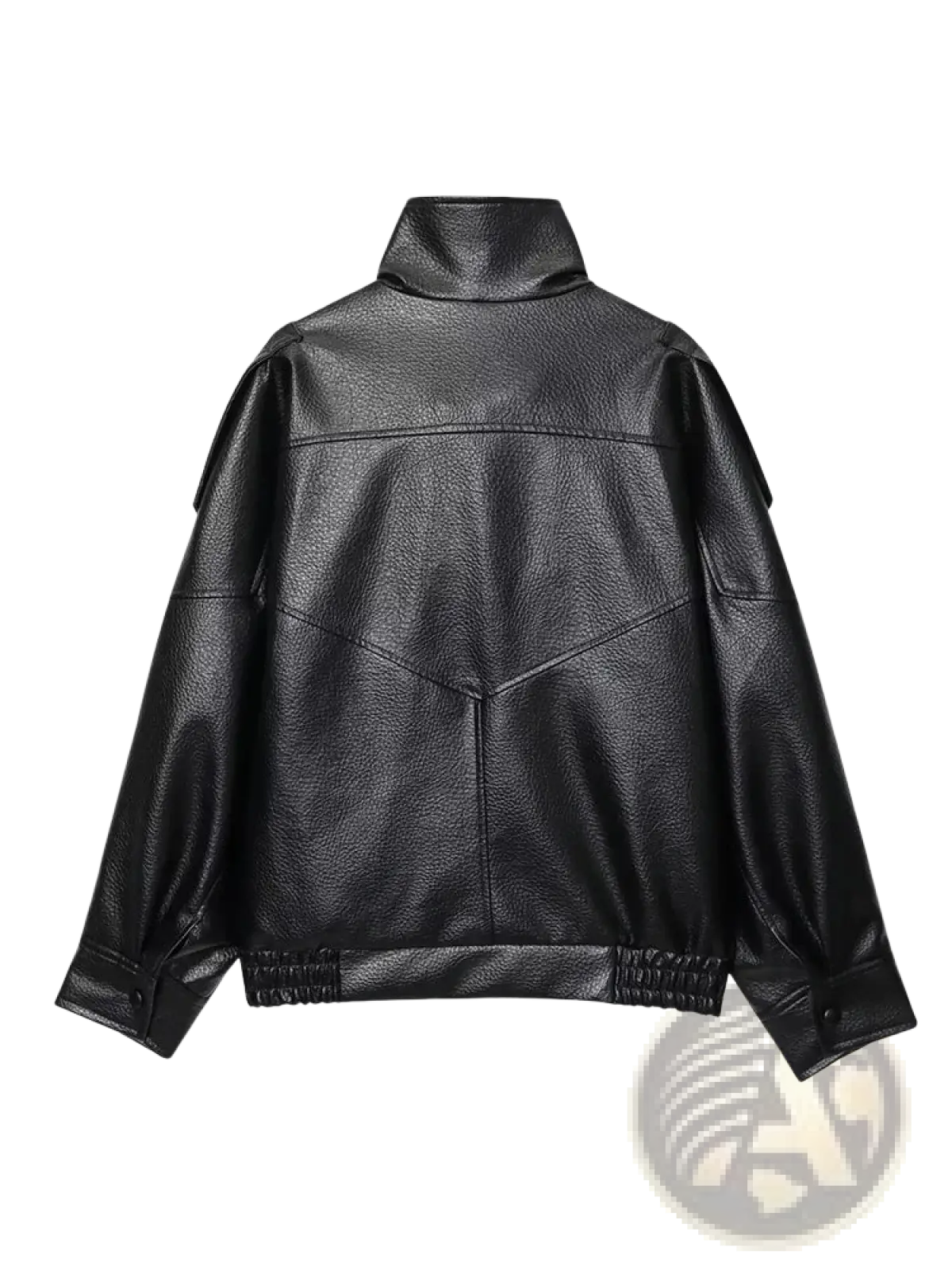Women black faux leather moto jacket with high collar and elastic cuffs shown from the back side