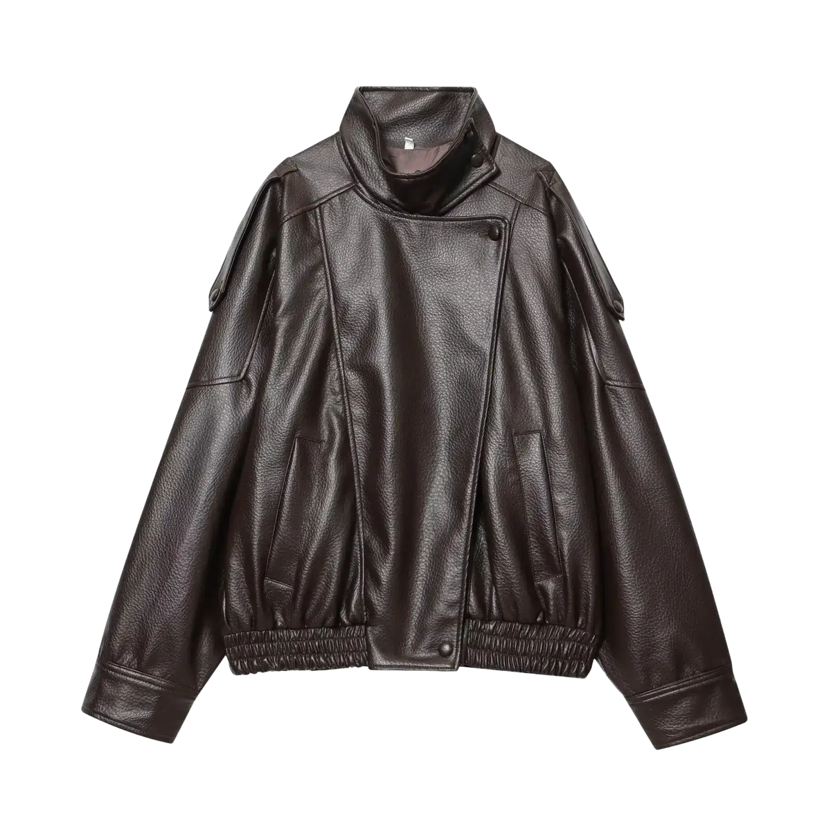 Women black faux leather moto jacket with dark brown bomber style, high collar, and elasticated cuffs