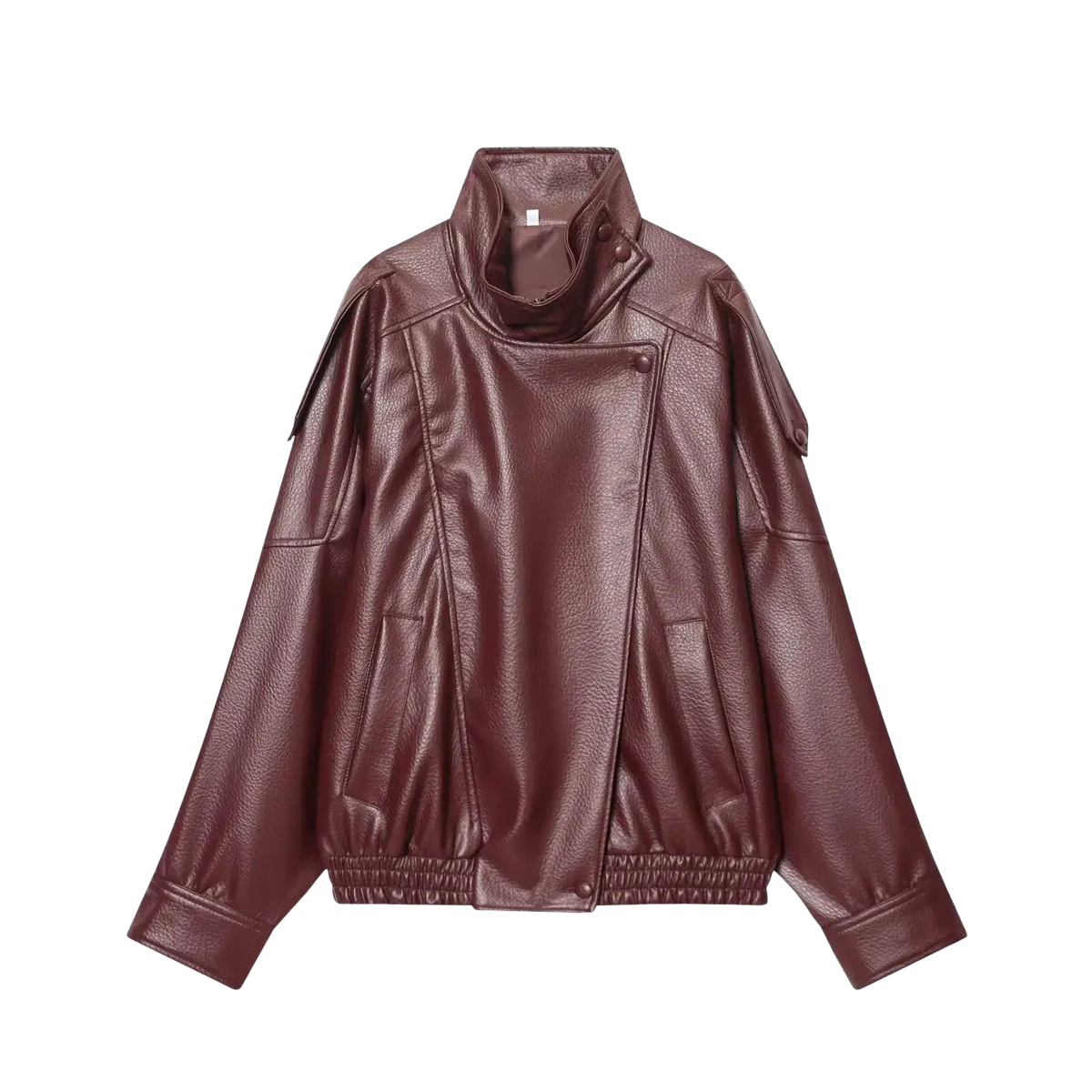 Women black faux leather moto jacket featuring a maroon faux leather high collar side zipper and elasticated cuffs