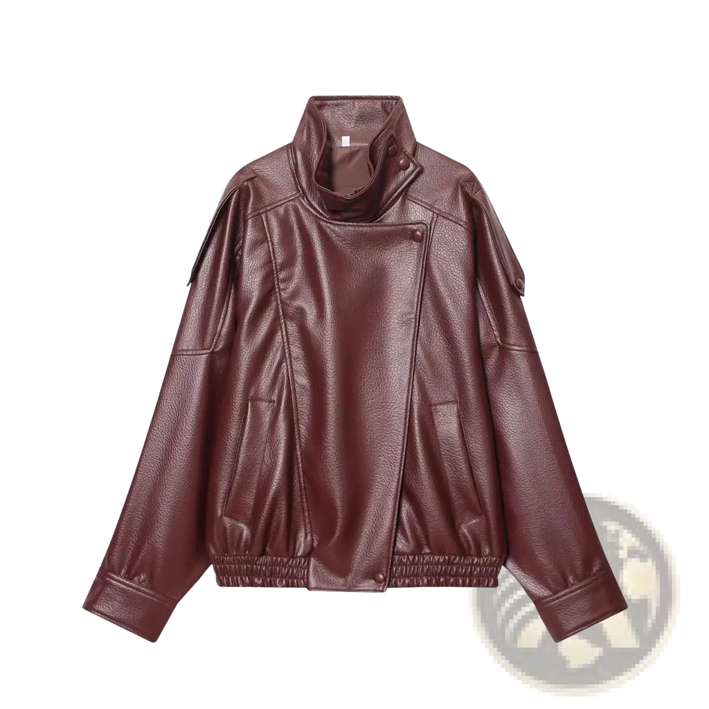 Women black faux leather moto jacket featuring a maroon faux leather high collar side zipper and elasticated cuffs
